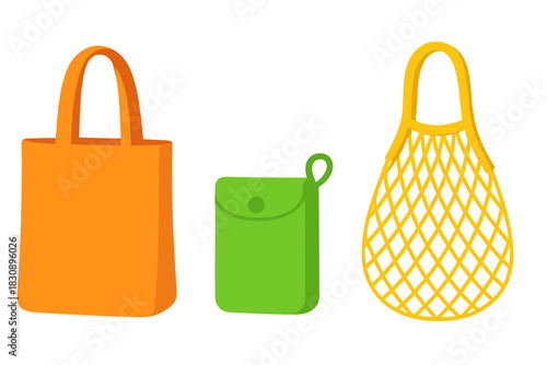 Various eco-friendly reusable bags for shopping including cotton tote and mesh net bag