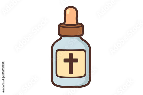 Glass dropper bottle with a cross symbol label containing holy water or spiritual liquid