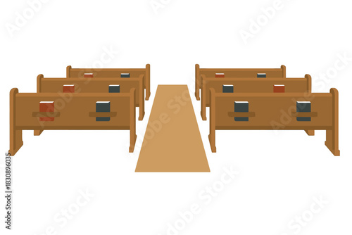 Traditional wooden church pews arranged in rows facing a central aisle and runner