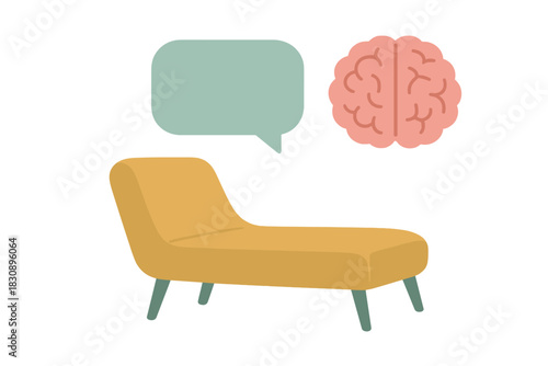 Classic psychoanalyst's chaise lounge with brain and speech bubble symbols