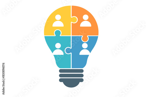 Four colorful interlocking puzzle pieces forming a lightbulb shape with abstract people icons inside