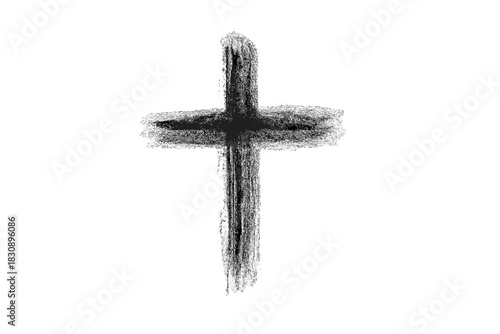 Textured black charcoal cross on white background symbolizing faith and repentance
