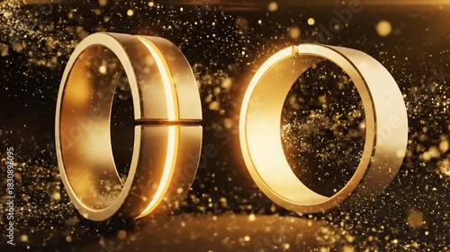Golden ring halves floating in glimmering space