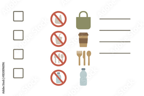 Checklist comparing disposable plastic items with reusable eco-friendly alternatives for sustainable living