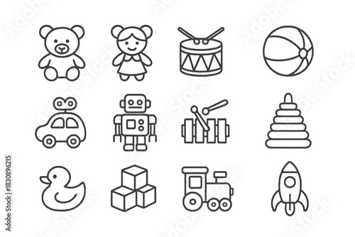 Set of minimalist outline icons featuring classic children's toys for play and learning