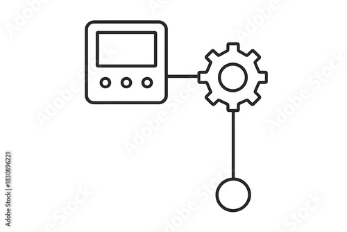 Control panel device connected to a settings gear and output circle representing system configuration flow