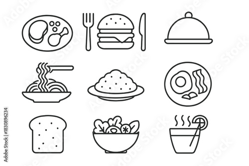 Set of food and meal icons including breakfast, lunch, dinner, and snacks