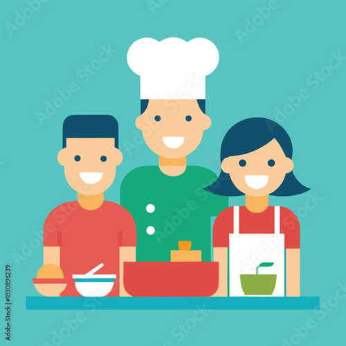 Happy family cooking together in a modern kitchen flat vector illustration