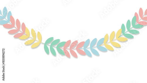 Pastel Leaf Garland Illustration in Delicate Colors, Perfect for Spring, Easter, and Celebratory Designs, Suitable for greeting cards, invitations, and website decorations.