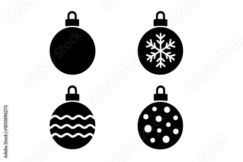 Four black Christmas bauble icons with festive patterns for holiday decoration