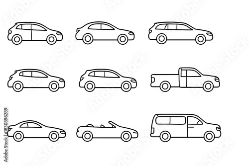 Set of modern passenger car silhouettes including sedan SUV wagon and pickup truck