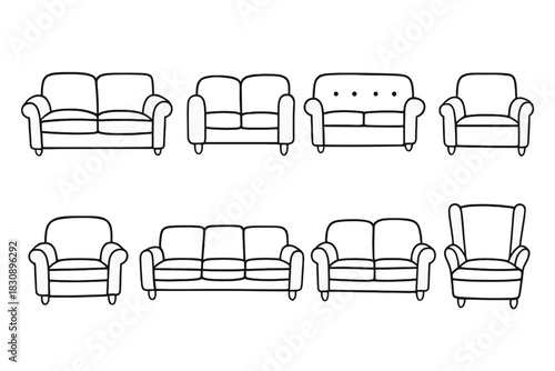 Outline set of various furniture pieces including different styles of couches and armchairs