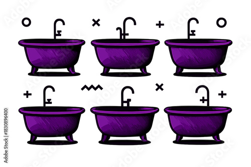 Purple clawfoot bathtubs and abstract geometric shapes in seamless repeating design