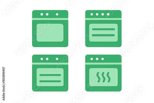 Simple green oven icons representing various cooking modes and heating settings for kitchen appliances
