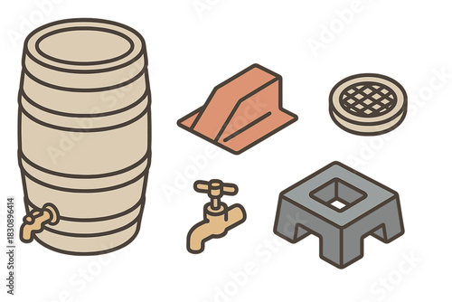 Isometric water storage and plumbing elements set with wooden barrel, faucet, and grate