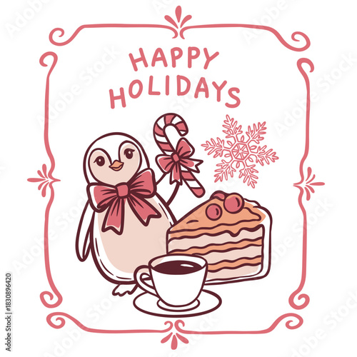 Cute holiday illustration with a penguin holding a candy cane, festive bow, snowflake, cup of hot drink, and slice of cake. Cozy hand-drawn Christmas and winter design perfect for cards and decoration