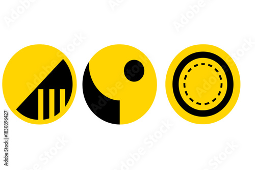Abstract geometric circle designs with black and bright yellow shapes on white