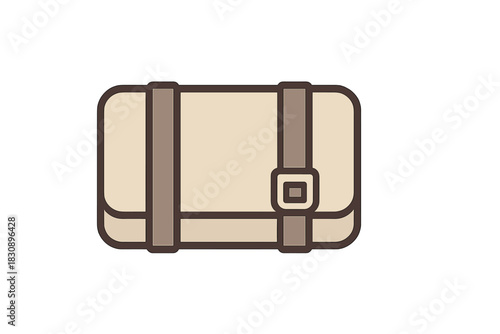 Simple stylized graphic of a small beige satchel bag with brown straps and buckle detail