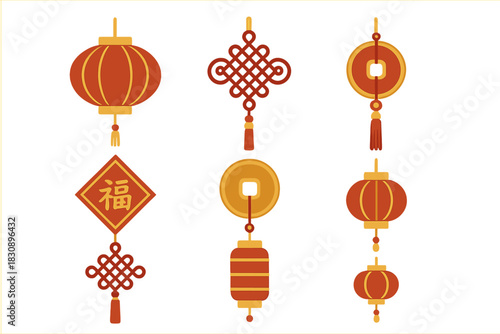 Traditional Chinese New Year decorations set with red lanterns, lucky knots, and gold coins