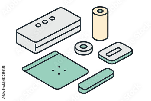 Collection of various isometric geometric shapes and abstract components in muted colors