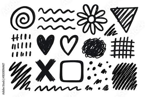 Various hand drawn doodle shapes, textures, and scribbles created with a black marker pen