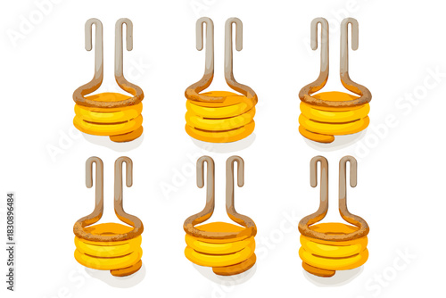 Six glowing electric immersion heating elements isolated on a white background for rapid water boiling