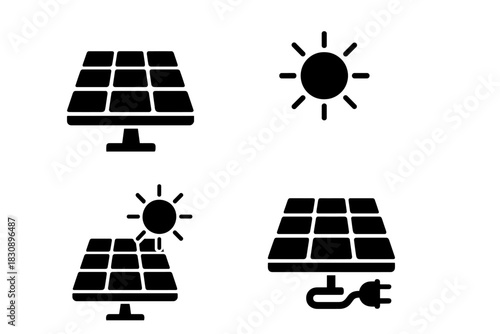 Solar panel and sun energy icons for renewable power and sustainable technology