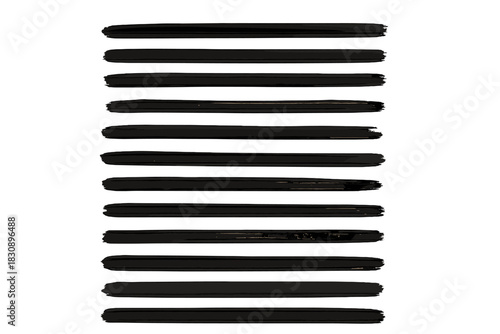 Collection of thick black horizontal paint brush strokes isolated on a white background