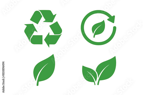Universal recycling symbol and natural organic leaves in a green ecology icon set