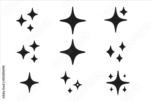 Black sparkle icons and starburst symbols set for decorative design elements