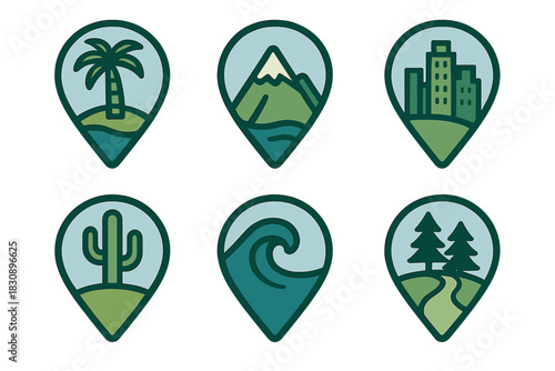 Map pins with travel destination symbols: beach, mountain, city, desert, ocean, and forest