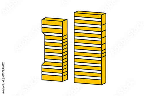 Pair of stylized striped yellow and white geometric block structures in isometric view