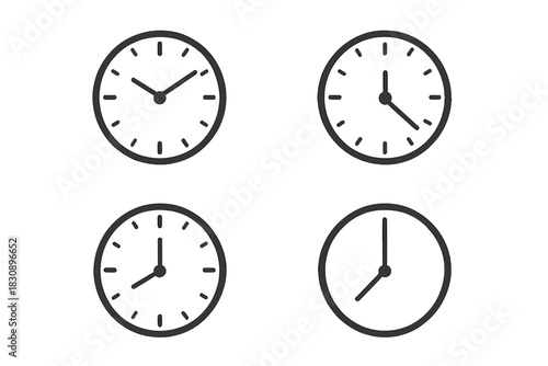Four simple analog clock icons showing different times of day for scheduling and deadlines