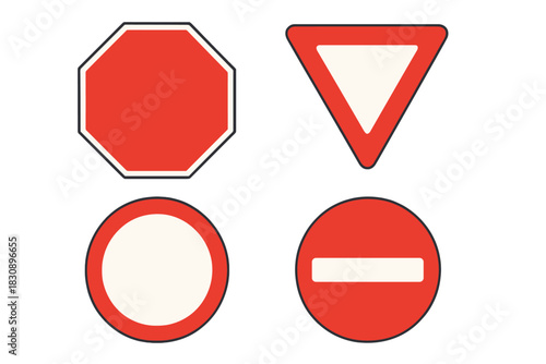 Set of four international regulatory traffic signs including stop, yield, and prohibition symbols