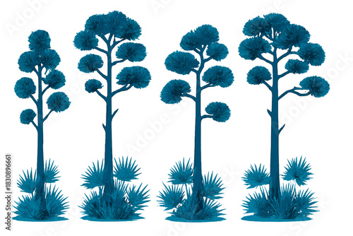 Monochromatic decorative blue desert trees with tall trunks and dense rounded foliage clusters
