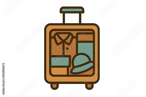 Open travel suitcase packed efficiently with folded shirt, pants, and hat for a journey