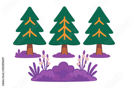 Stylized forest scene with three evergreen pine trees and vibrant purple ground cover