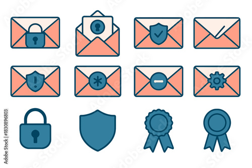 Digital security and status icons with envelopes, padlock, shield, and award ribbons