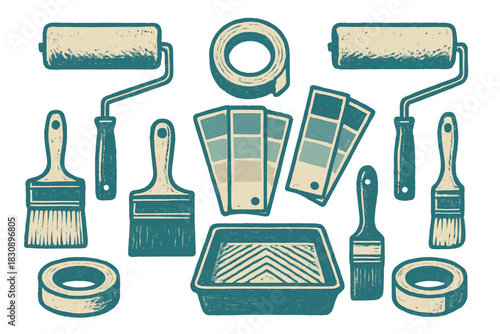 Set of home renovation and painting tools including rollers, brushes, tray, and color swatches