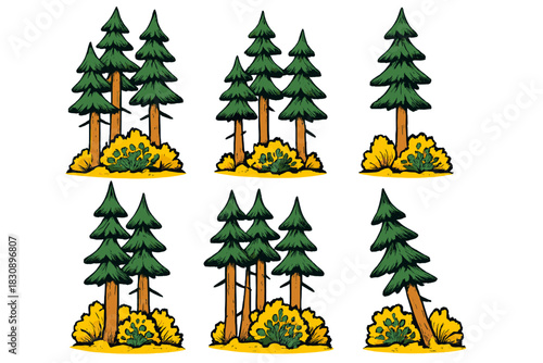 Stylized repeating pattern featuring pine trees and yellow bushes forest elements set