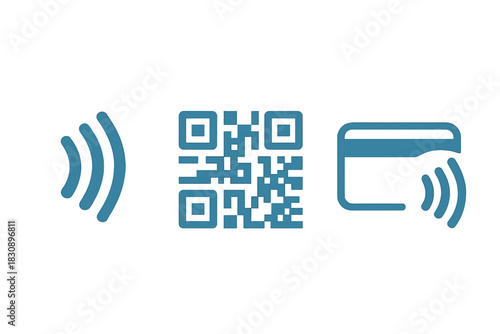 Contactless payment methods including QR code scanning and NFC technology icons set for digital transactions