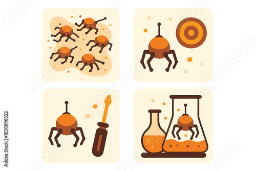 Stylized icon set of small spider robots engaged in technology and scientific research