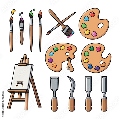 Creative Art Supplies and Easel Set for Artists and Hobbyists vector icon set