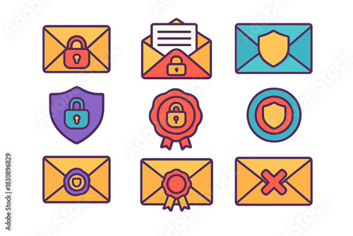 Colorful email security and privacy icons set featuring envelopes, padlocks, and protective shields