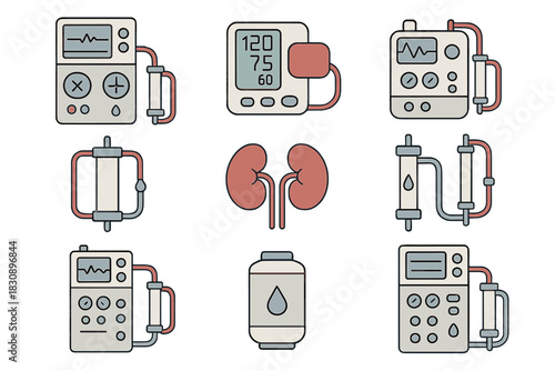 Medical icons set featuring dialysis equipment, blood pressure monitor, and human kidneys for nephrology