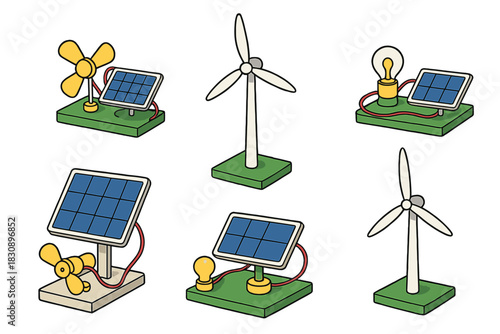 Miniature models of solar panels and wind turbines demonstrating renewable energy