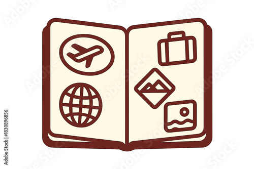 Open travel document with icons for global journey, flight, baggage, and vacation memories