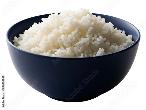 A dark blue bowl filled with fluffy white steamed rice