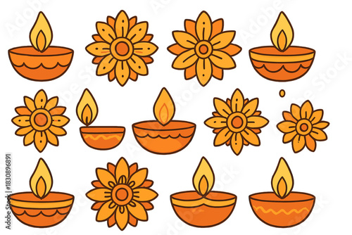 Traditional Indian Diwali festival oil lamps and decorative marigold flowers
