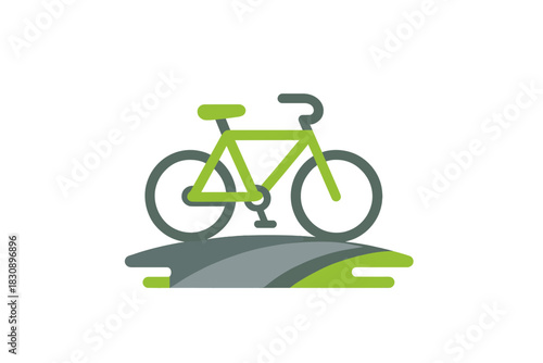 Bright green bicycle moving along a winding gray road emphasizing sustainable transportation